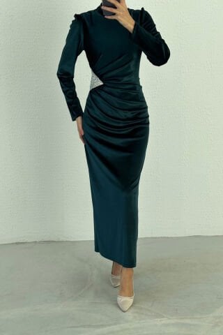 Beli Payet Detaylı Kadife Tesettür Abiye Yeşil