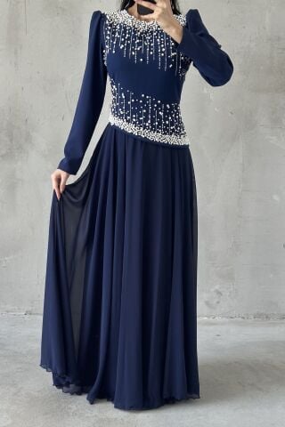 Mina Tesettür Abiye Lacivert