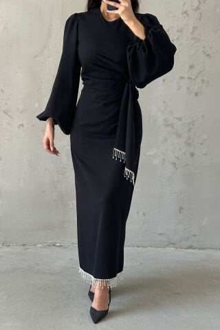Double Krep Şık Tasarım Tesettür Abiye Siyah