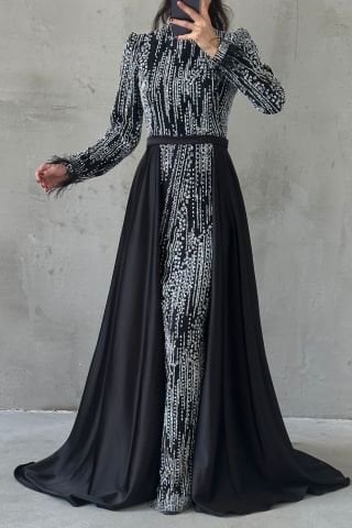 Tüy Detaylı Pelerinli Işıltılı Tesettür Abiye Siyah