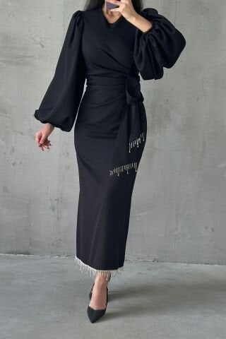 Double Krep Şık Tasarım Tesettür Abiye Siyah