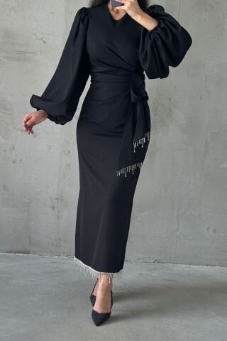 Double Krep Şık Tasarım Tesettür Abiye Siyah