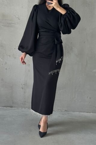 Double Krep Şık Tasarım Tesettür Abiye Siyah