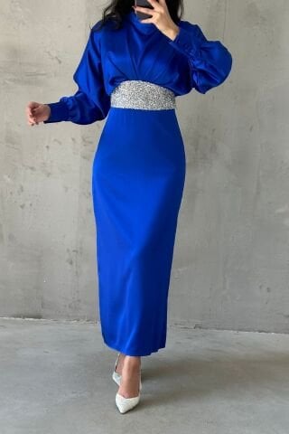 Modern Tasarım Kolu Düğmeli Saten Tesettür Abiye Saks Mavisi