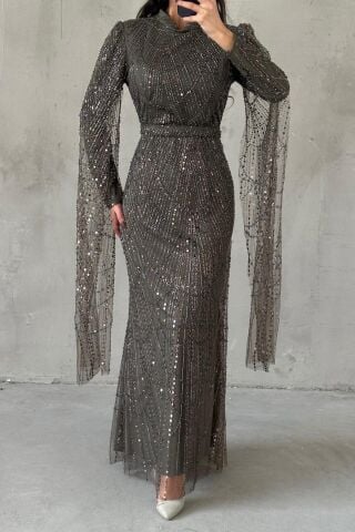 لونارا فستان سهرة حجاب كاكي