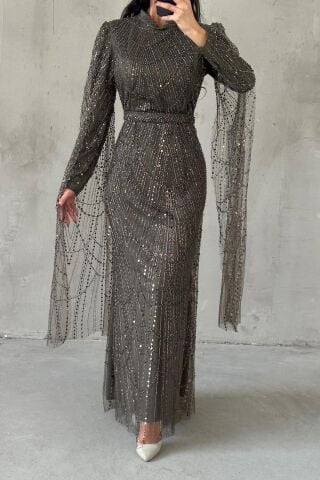 لونارا فستان سهرة حجاب كاكي