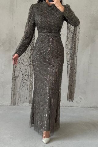 لونارا فستان سهرة حجاب كاكي