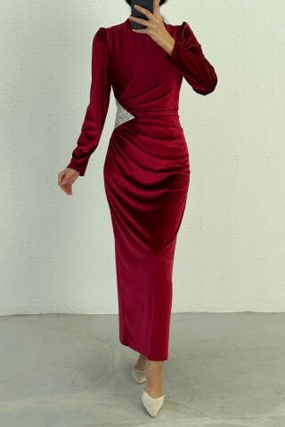 Beli Payet Detaylı Kadife Tesettür Abiye Bordo