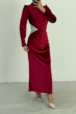 Beli Payet Detaylı Kadife Tesettür Abiye Bordo