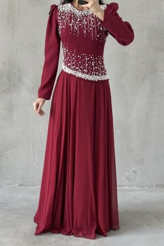 Mina Tesettür Abiye Bordo