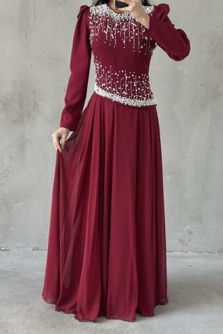 Mina Tesettür Abiye Bordo