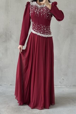 Mina Tesettür Abiye Bordo