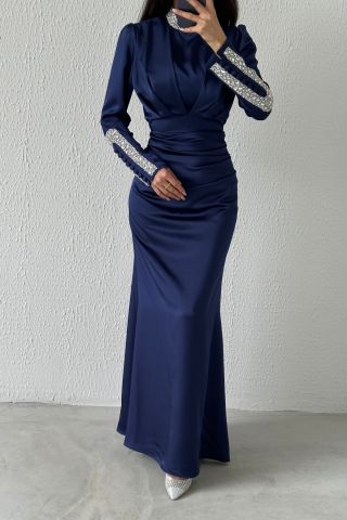Modern Design Satin Hijab Evening Dress with Stone Detail on Sleeves and Collar Navy Blue