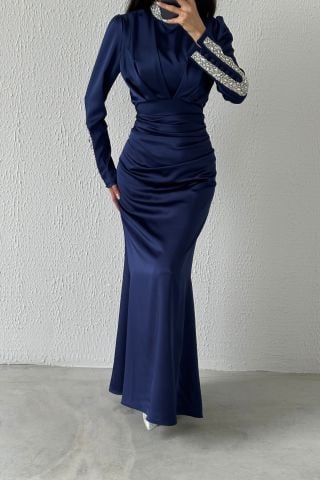Modern Design Satin Hijab Evening Dress with Stone Detail on Sleeves and Collar Navy Blue