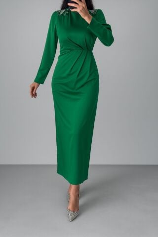 Shoulder Bead Detailed Hijab Evening Dress Green