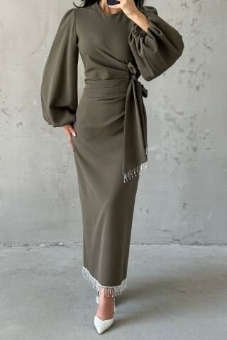 Double Krep Şık Tasarım Tesettür Abiye Haki