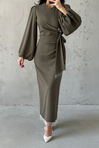 Double Crepe Stylish Design Hijab Evening Dress Khaki