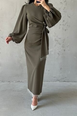 Double Krep Şık Tasarım Tesettür Abiye Haki