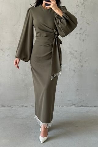 Double Krep Şık Tasarım Tesettür Abiye Haki