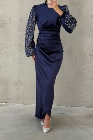 Elegant Stance: Satin Hijab Evening Dress with Gathered Waist Sleeves and Stones Navy Blue