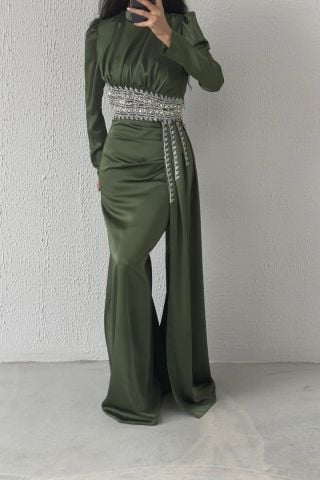 Stylish Satin Hijab Evening Dress Khaki with Stone Detailed Train
