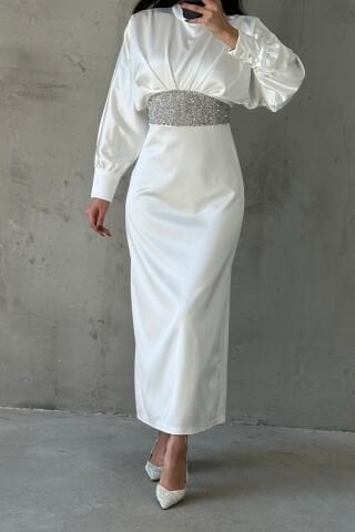 Modern Tasarım Kolu Düğmeli Saten Tesettür Abiye Ekru