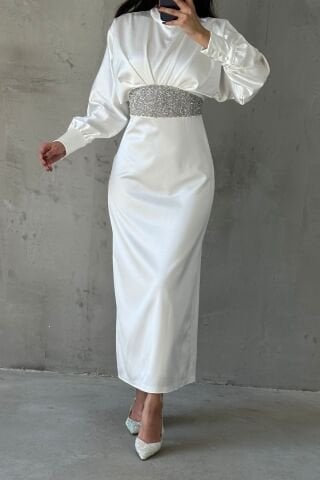 Modern Tasarım Kolu Düğmeli Saten Tesettür Abiye Ekru