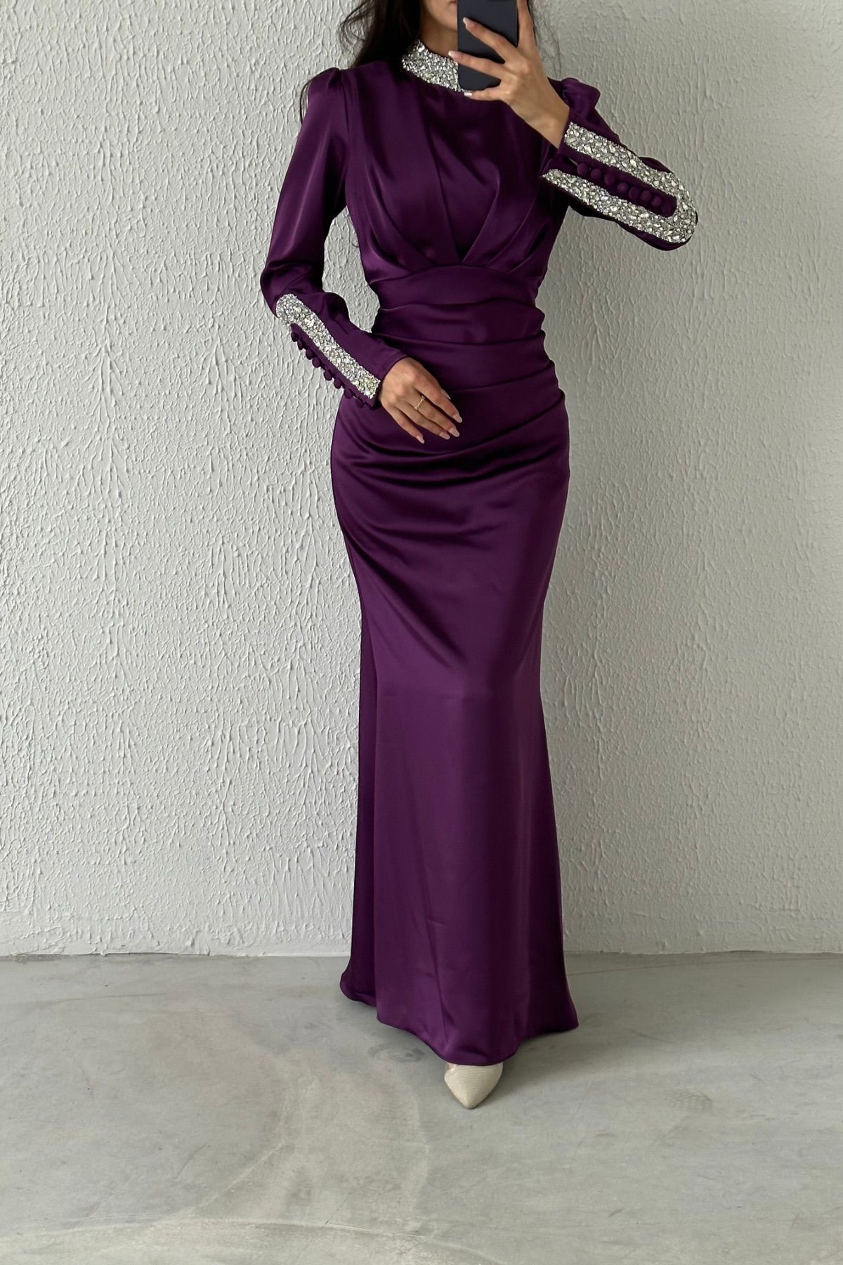 Modern Design Satin Hijab Evening Dress with Stone Detail on Sleeves and Collar Purple