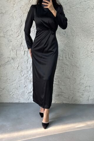 Etkileyici Kalıp Siyah Saten Tesettür Elbise