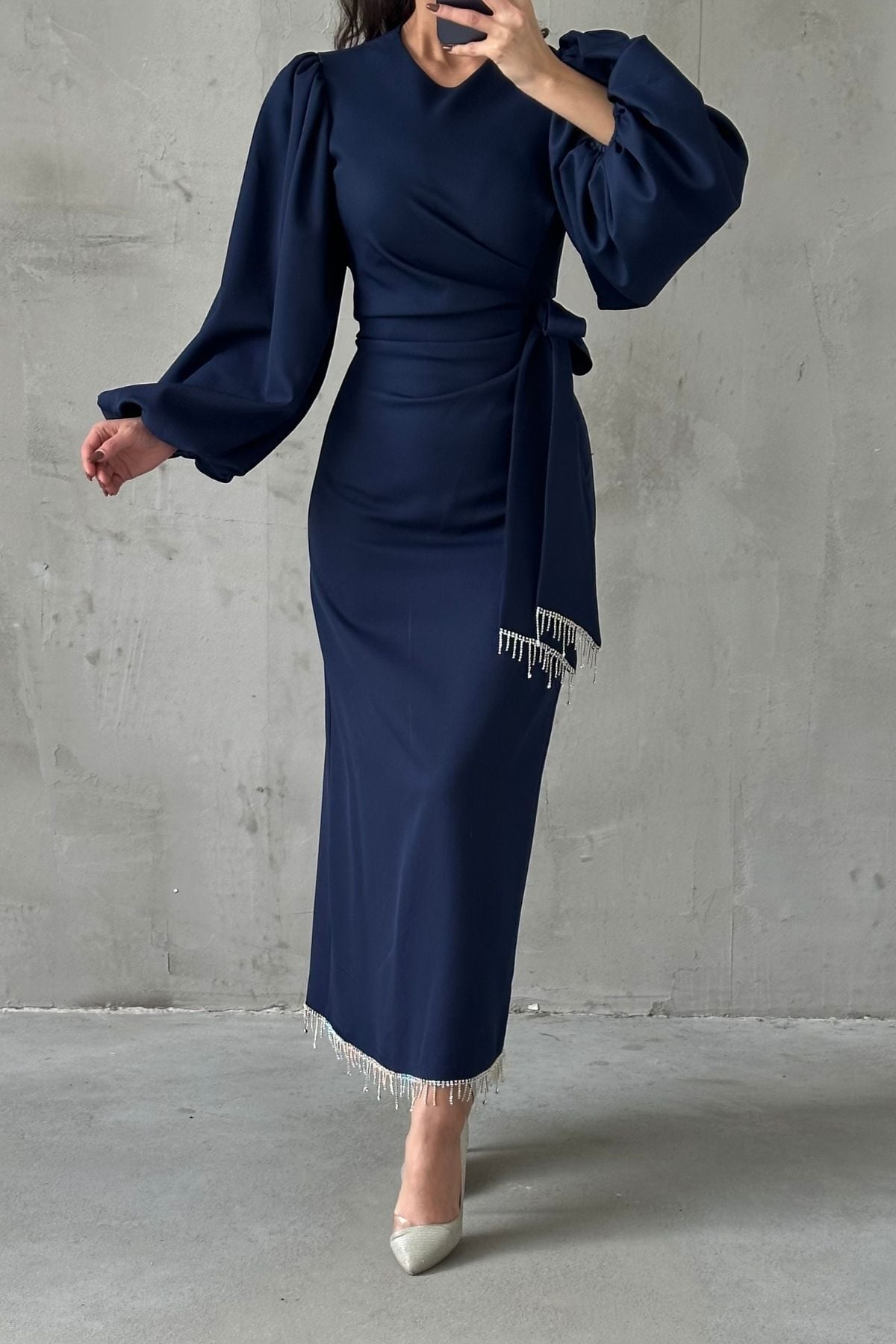 Double Crepe Stylish Design Hijab Evening Dress Navy Blue