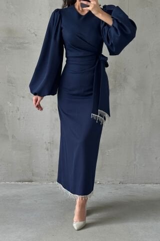 Double Crepe Stylish Design Hijab Evening Dress Navy Blue