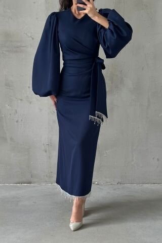 Double Crepe Stylish Design Hijab Evening Dress Navy Blue