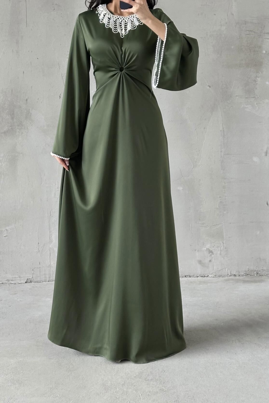 Duru Satin Hijab Evening Dress Khaki