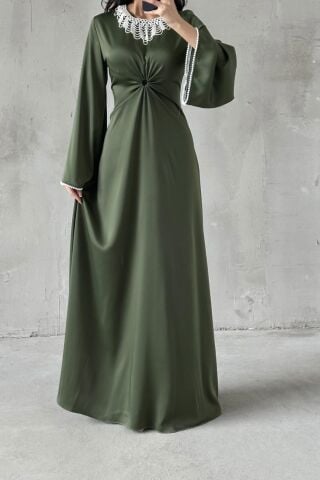 Duru Satin Hijab Evening Dress Khaki