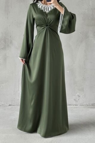 Duru Satin Hijab Evening Dress Khaki