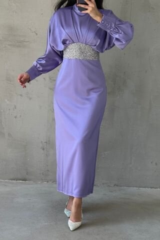 Modern Tasarım Kolu Düğmeli Saten Tesettür Abiye Lila