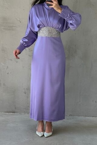 Modern Tasarım Kolu Düğmeli Saten Tesettür Abiye Lila