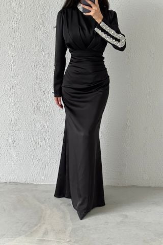 Modern Design Satin Hijab Evening Dress with Stone Detail on Sleeves and Collar Black