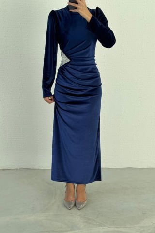 Velvet Hijab Evening Dress Navy Blue with Sequin Detailed Waist