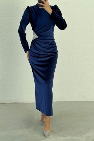 Velvet Hijab Evening Dress Navy Blue with Sequin Detailed Waist