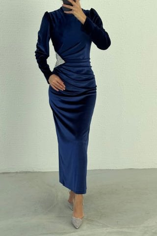 Velvet Hijab Evening Dress Navy Blue with Sequin Detailed Waist