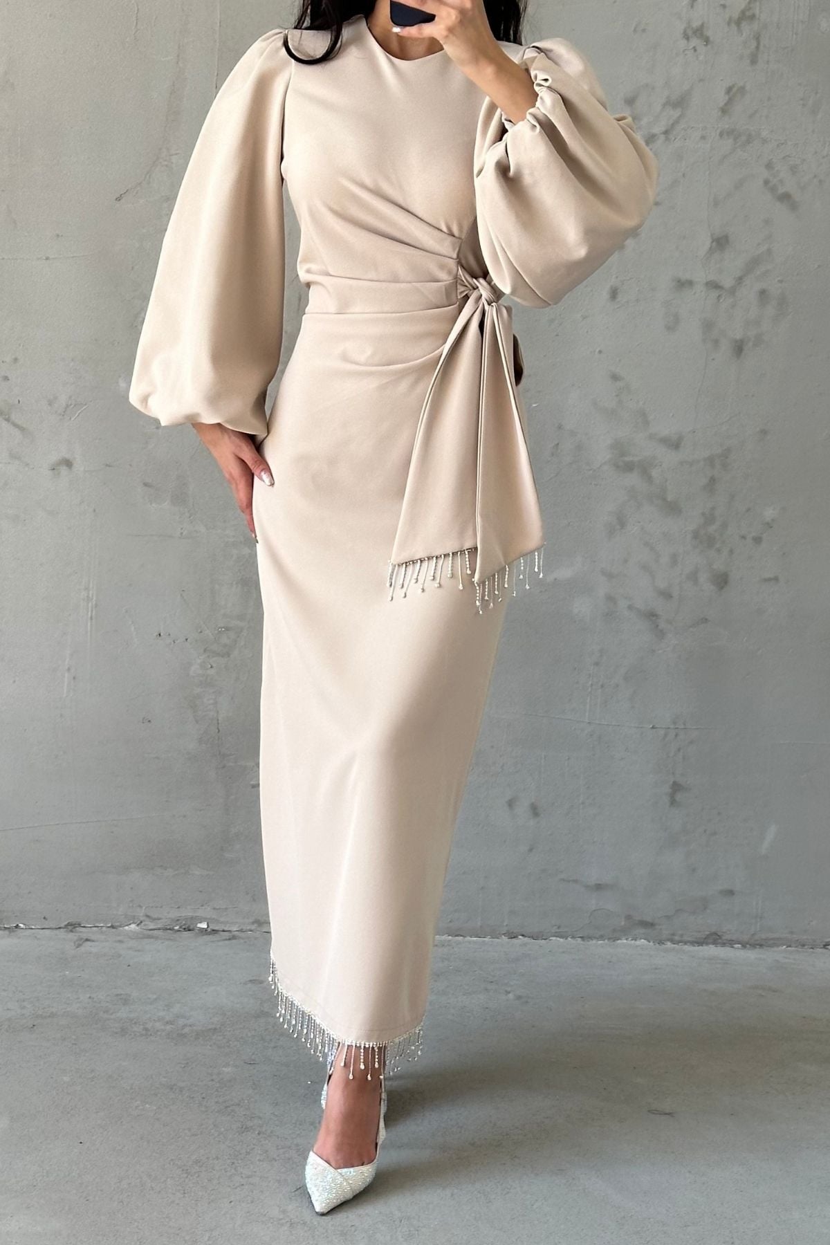 Double Krep Şık Tasarım Tesettür Abiye Taş