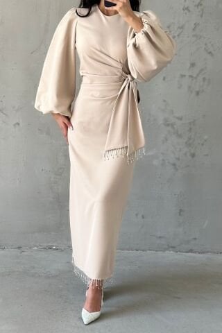 Double Krep Şık Tasarım Tesettür Abiye Taş