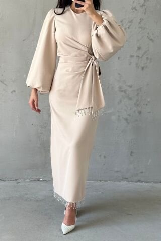 Double Krep Şık Tasarım Tesettür Abiye Taş