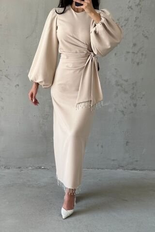 Double Krep Şık Tasarım Tesettür Abiye Taş