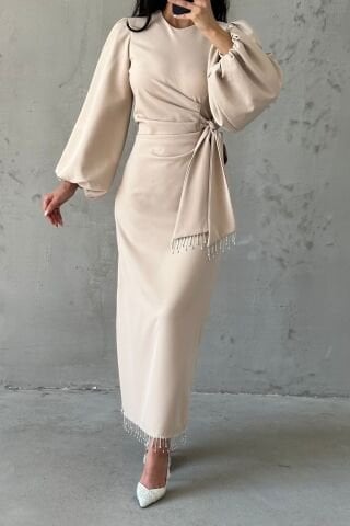 Double Krep Şık Tasarım Tesettür Abiye Taş