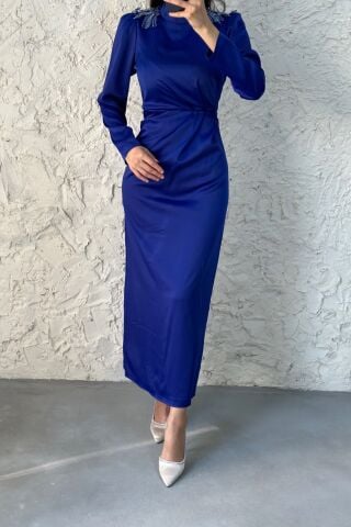 Etkileyici Kalıp Saks Mavisi Saten Tesettür Elbise