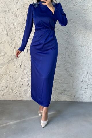 Etkileyici Kalıp Saks Mavisi Saten Tesettür Elbise