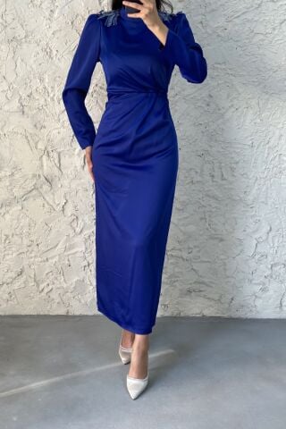 Etkileyici Kalıp Saks Mavisi Saten Tesettür Elbise