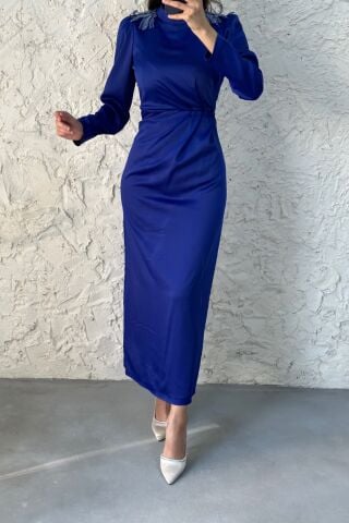 Etkileyici Kalıp Saks Mavisi Saten Tesettür Elbise